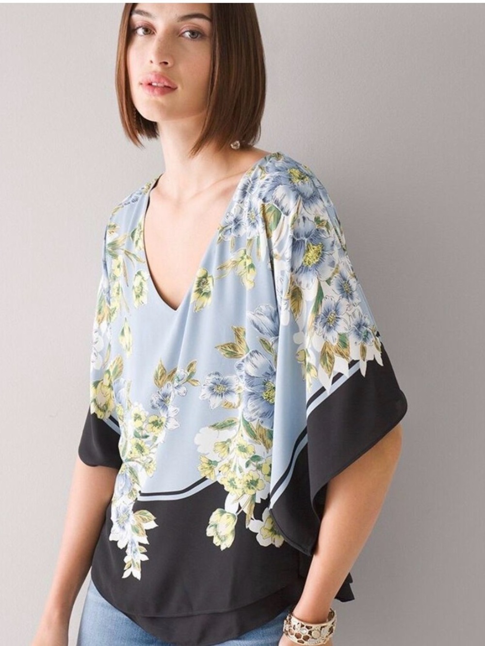 White House Black Market Floral Kimono Sleeve Blouse Blue Black Size Medium